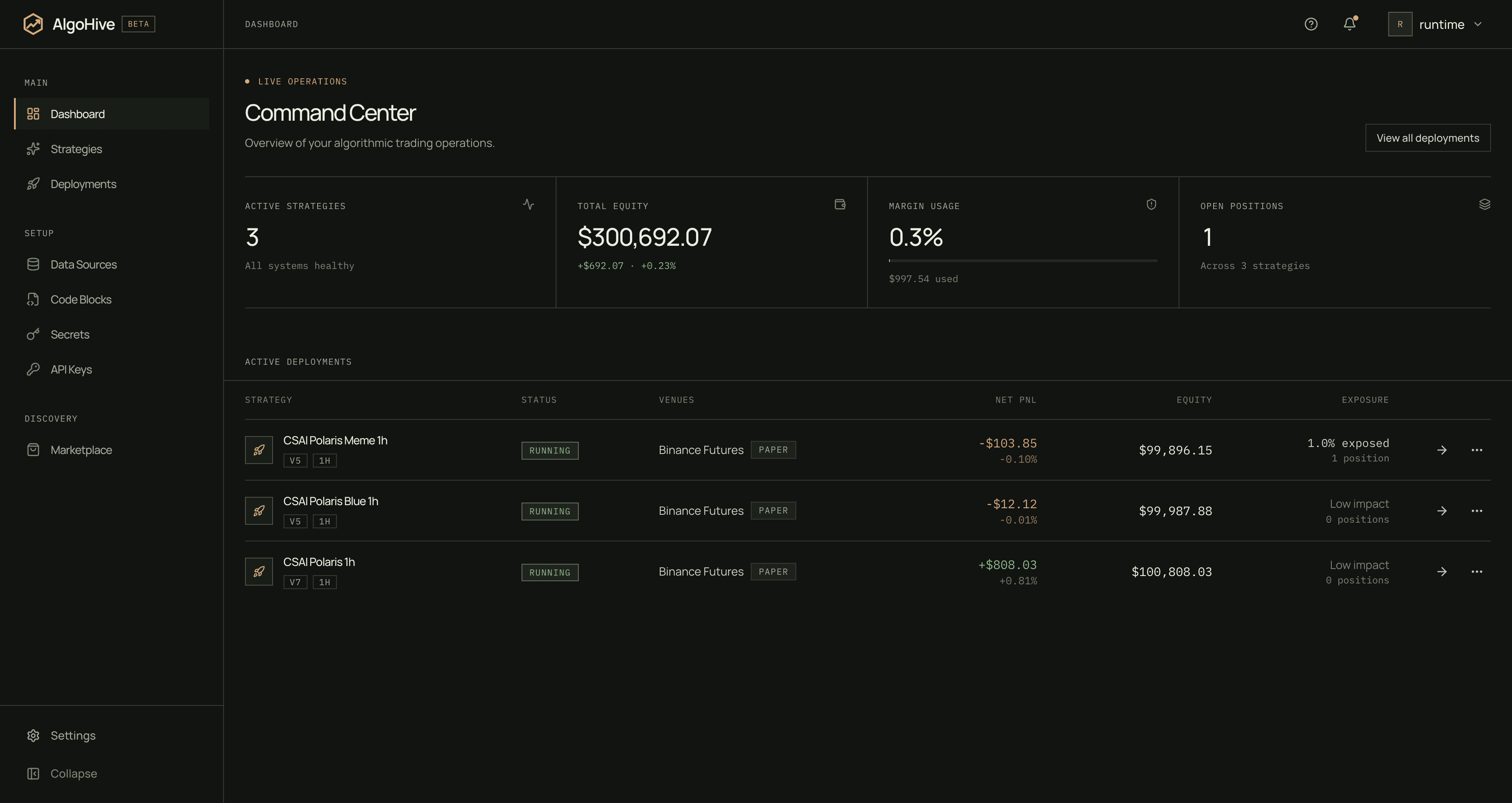 AlgoHive Command Center showing three running paper strategies, equity, exposure, and open positions.